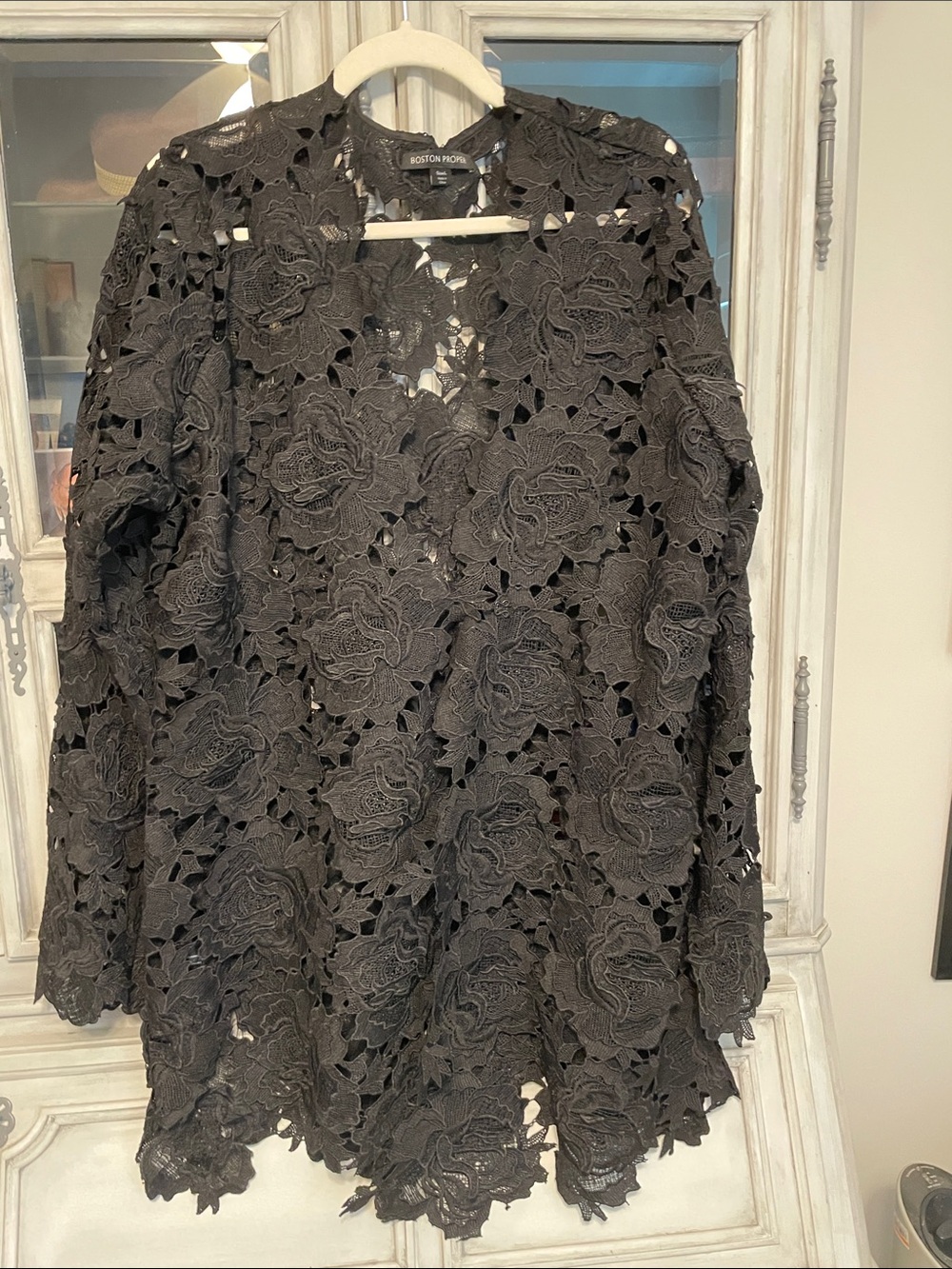 Boston Proper Black Floral Lace Overlay Tunic